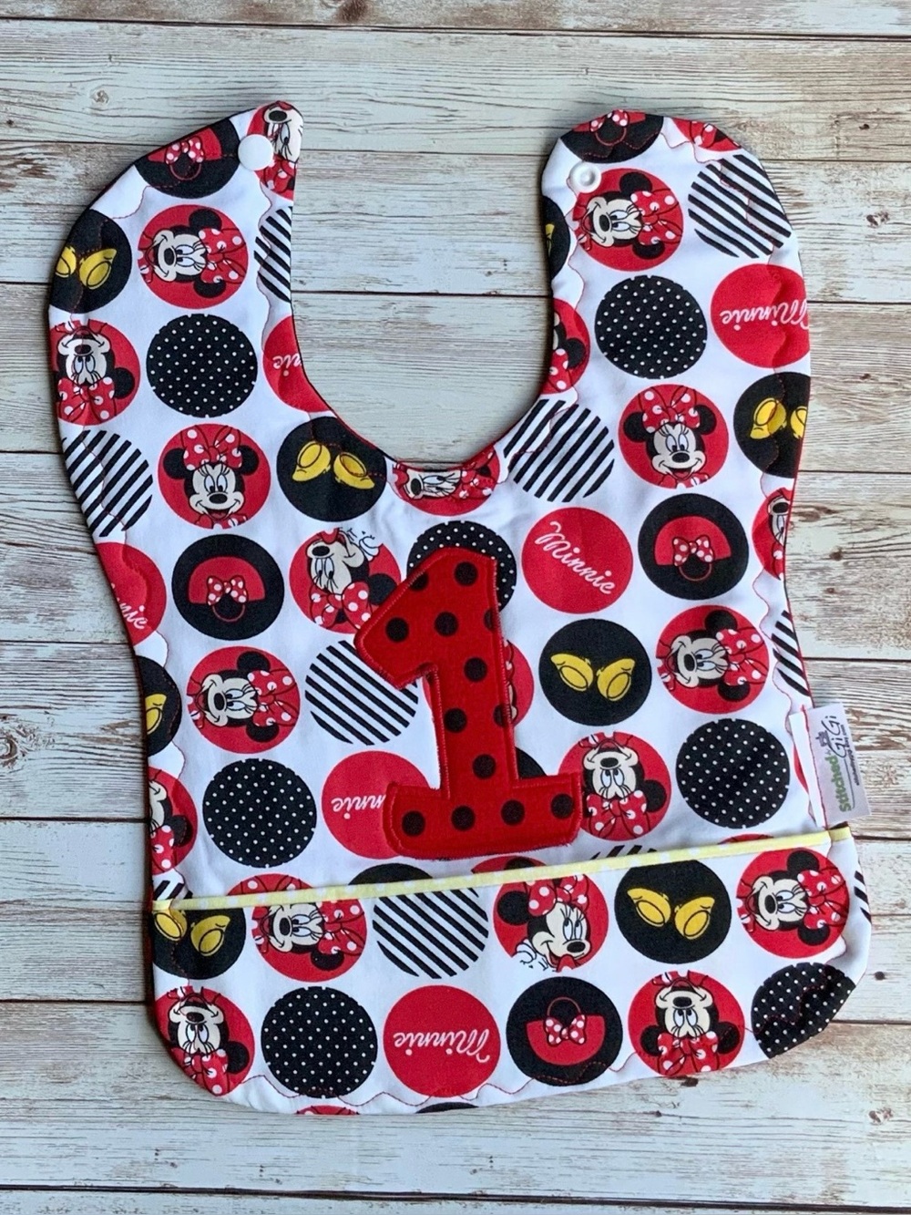 Red Minnie Mouse First Birthday Bib with Pocket